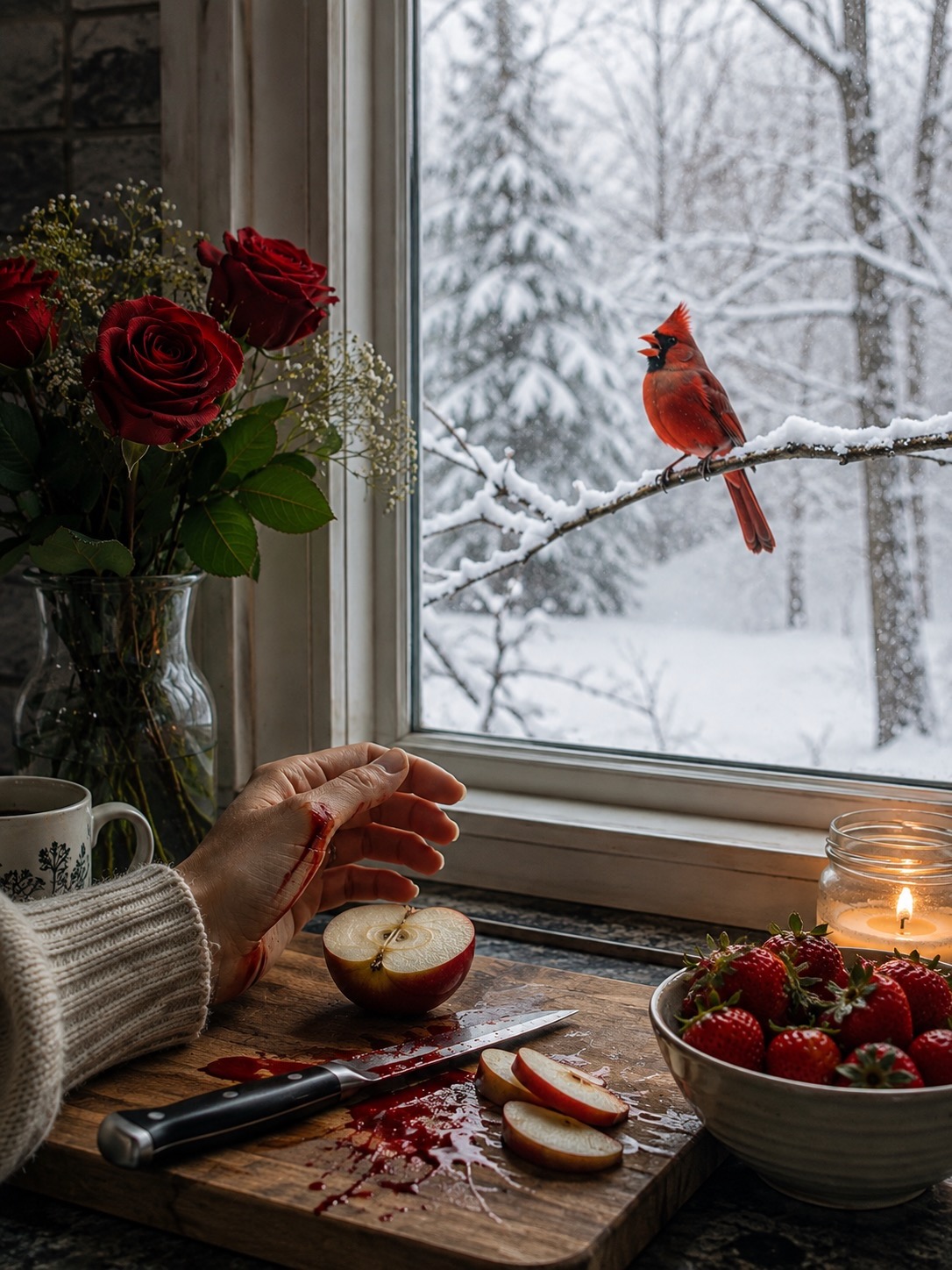 A cardinal on a snowy branch, seen through a kitchen window