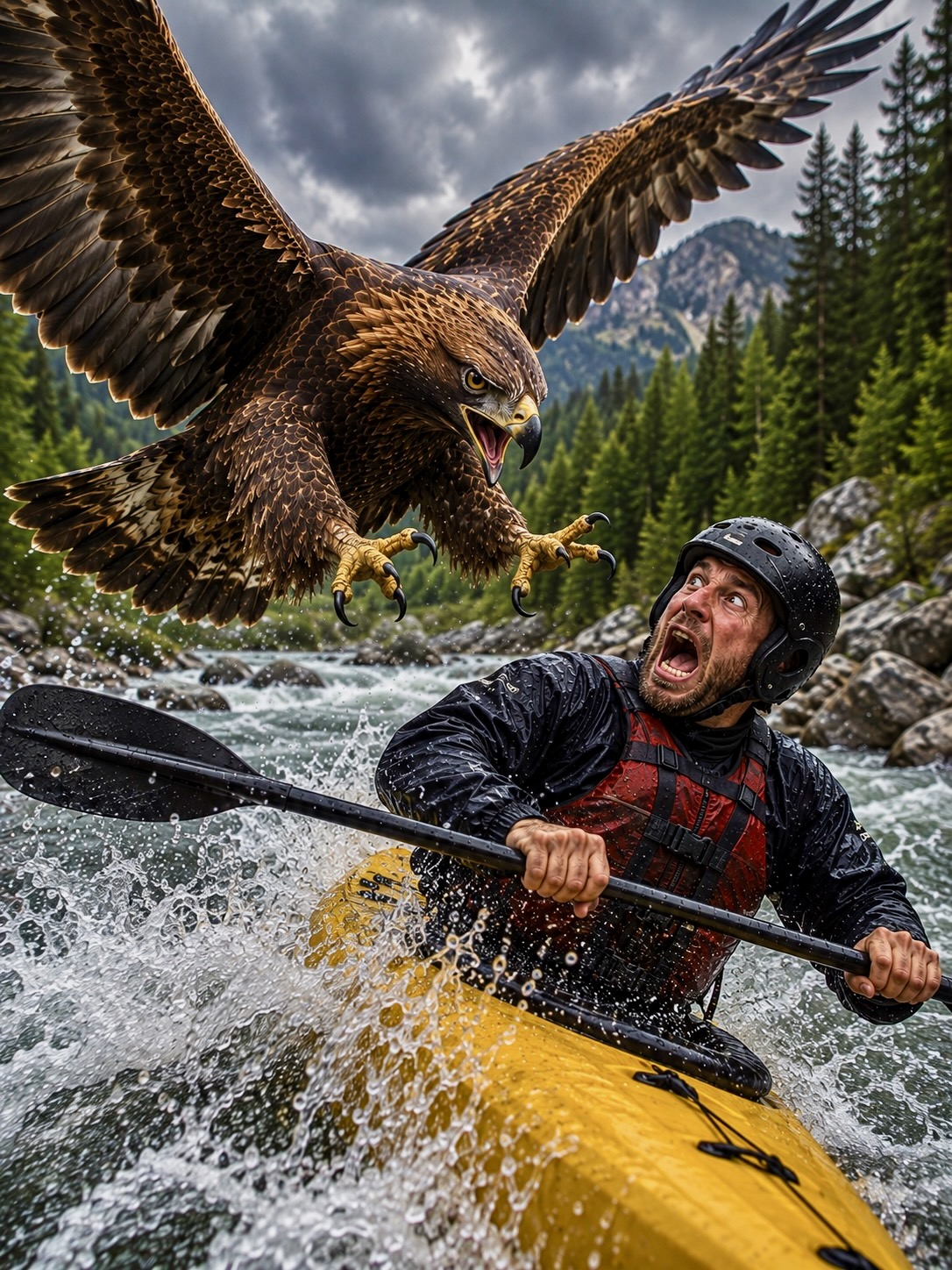 A large bird of prey swooping toward a kayaker