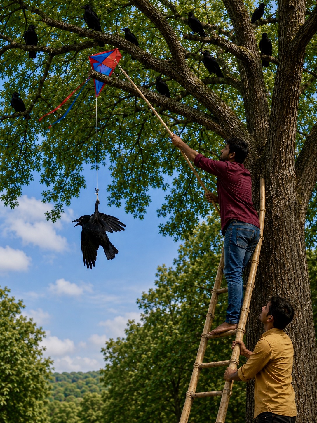 Two men on a ladder using a kite pole to reach a crow in a tree