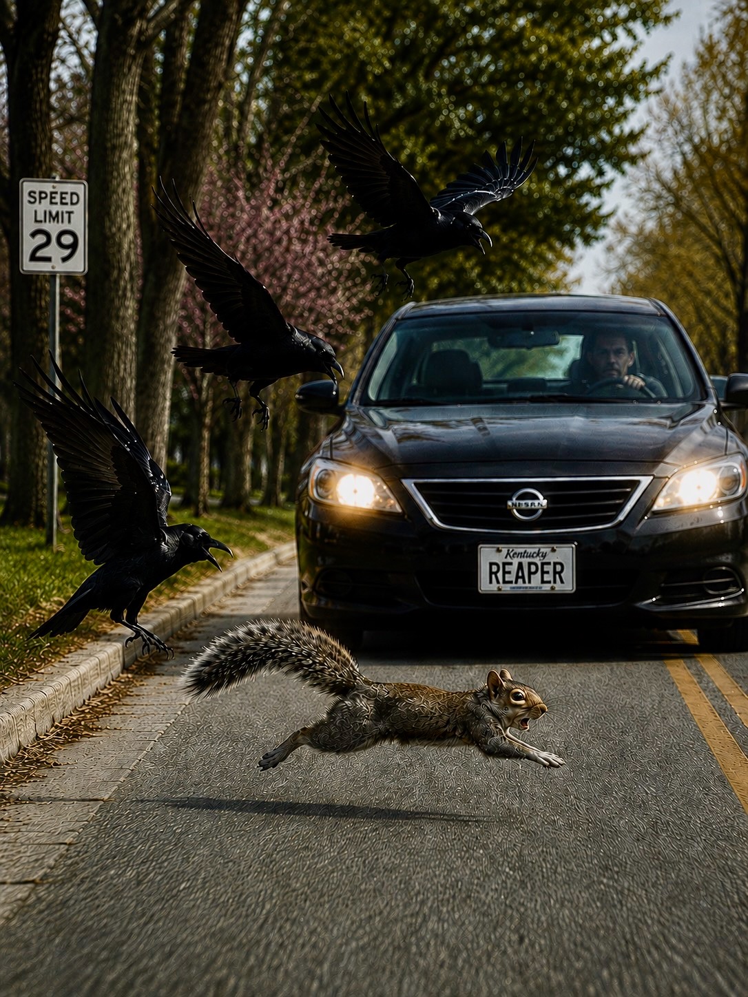 Crows scattering in front of a car with a REAPER license plate